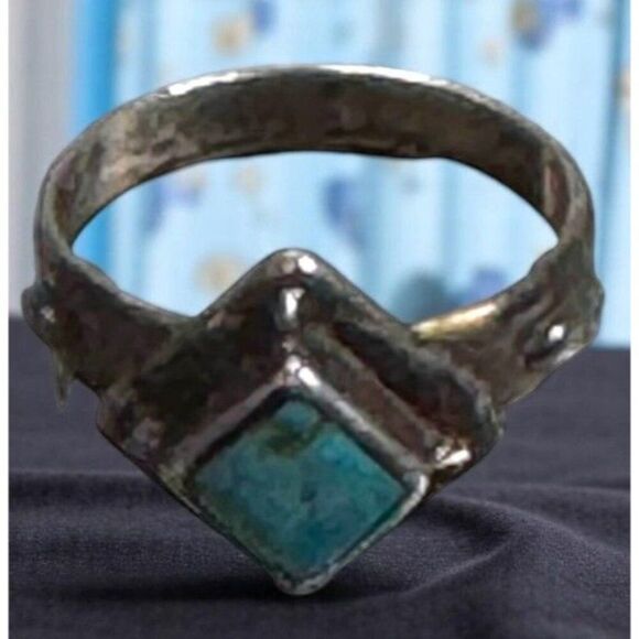 Vtg 7.5 Navajo Ted Ott Signed Sterling Silver Ring Turquoise Accent Diamond Shap - Picture 1 of 8